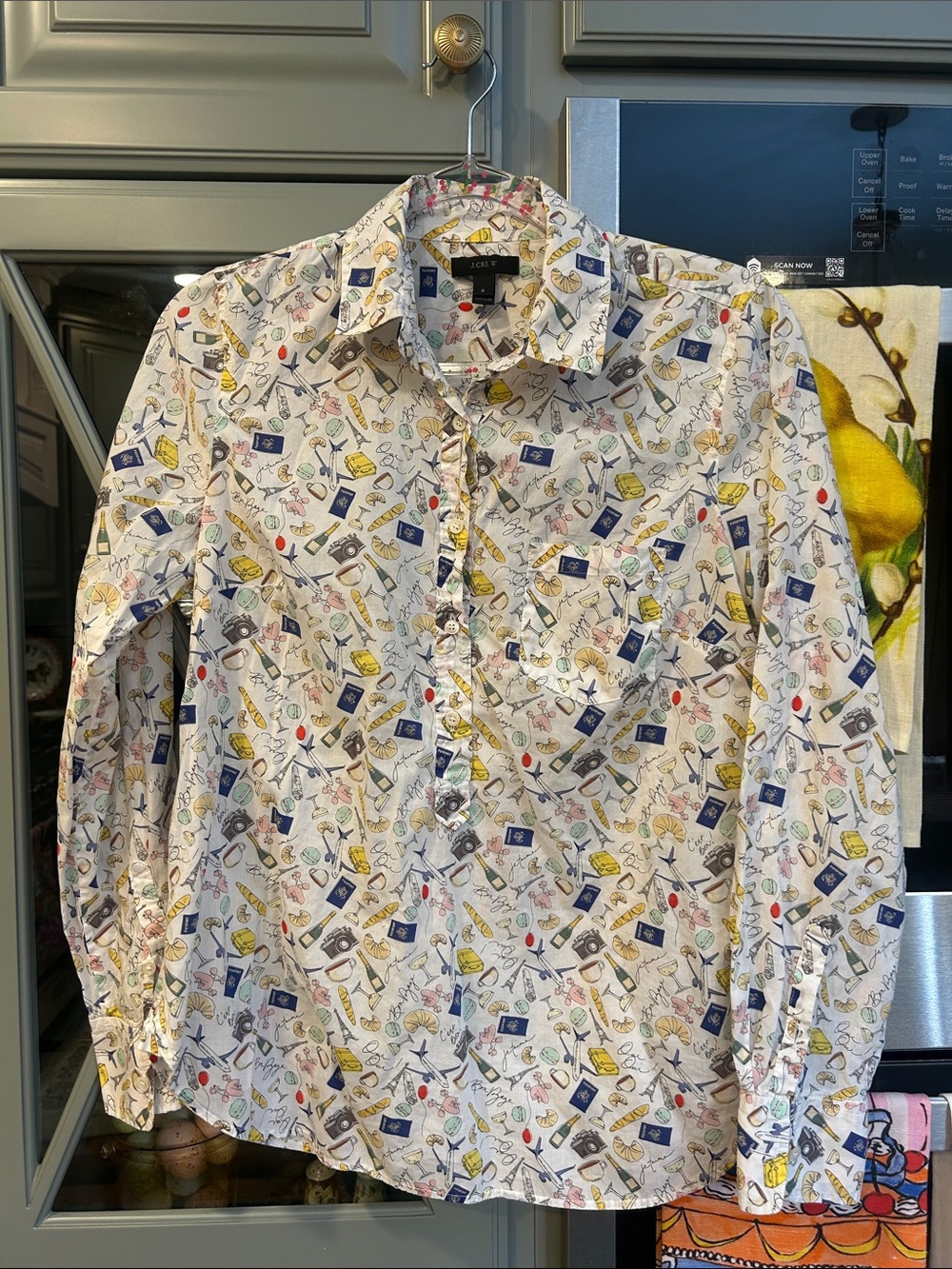 J. Crew White Travel-Icon Toile Print Button-Down Popover Shirt